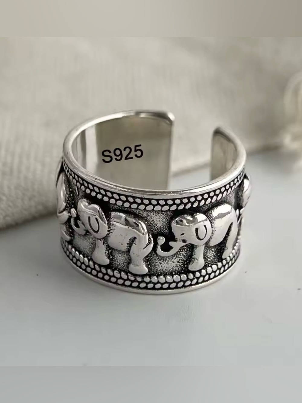 Sterling Silver 925 Elephant Motif Adjustable Band Ring - Silver